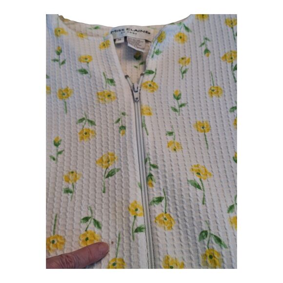 Miss Elaine House Coat Robe Full Zip Summer White Yellow Floral Waffle Texture M - Picture 11 of 12
